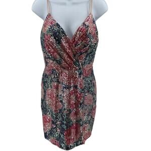 Cinderella Divine Mini Dress Womens 6 Pink Green Floral Strappy V-Neck Sequins
